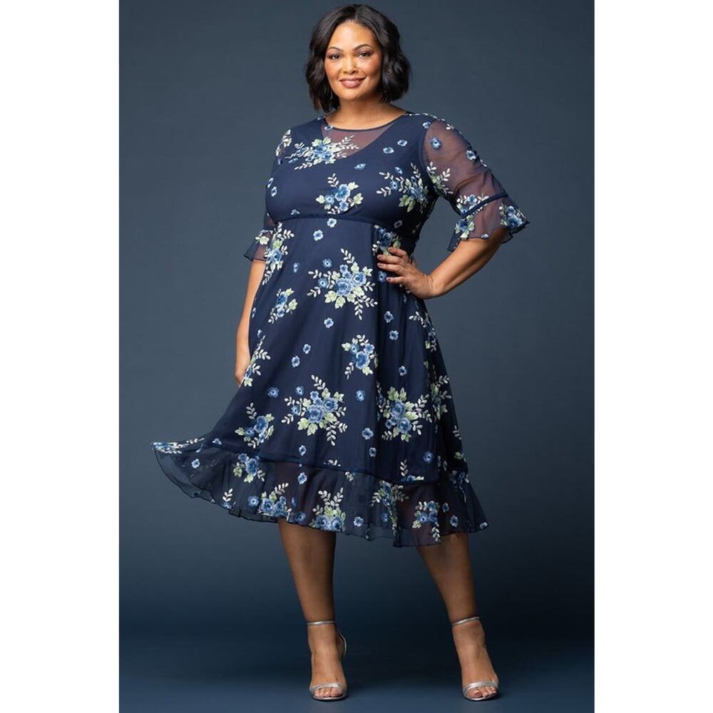 Kiyonna Dress Wildflower Style 1X Embroidered Flowers Velvet Trim Blue Feminine